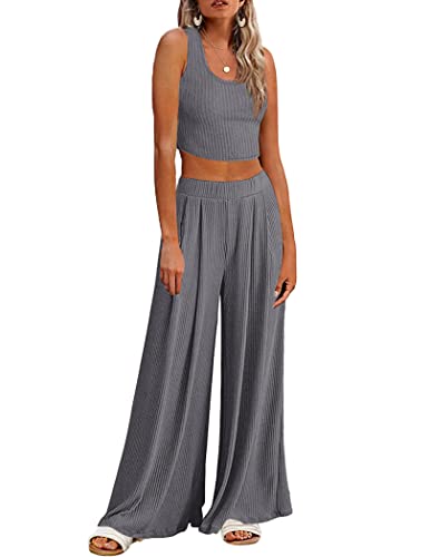 Ekouaer Women's Pajamas 2 Piece Lounge Set Ribbed Knit Loungewear Sleeveless Tank Top Wide Leg Pants