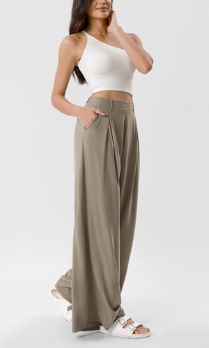 ODODOS Chiffon Flowy Pleated Wide Leg Pants for Women Built-in Shorts Lightweight High Waist Trouser with Pockets