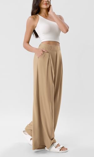 ODODOS Chiffon Flowy Pleated Wide Leg Pants for Women Built-in Shorts Lightweight High Waist Trouser with Pockets