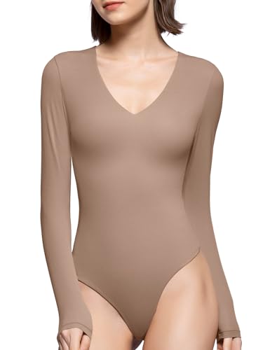 PUMIEY Bodysuits for women V Neck Long Sleeve Body Suit Sexy Tops Smoke Cloud Pro Collection