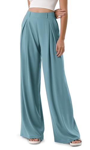 ODODOS Chiffon Flowy Pleated Wide Leg Pants for Women Built-in Shorts Lightweight High Waist Trouser with Pockets