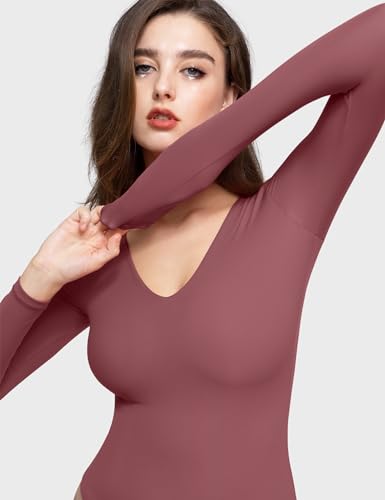 PUMIEY Bodysuits for women V Neck Long Sleeve Body Suit Sexy Tops Smoke Cloud Pro Collection