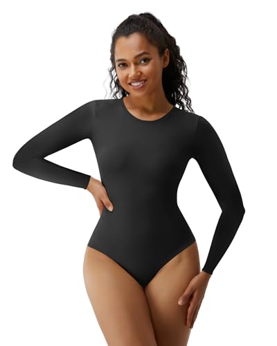 SHAPERX Women's Soft Crew Neck Bodysuit Fits Everybody Long Sleeve Body Suits Tops