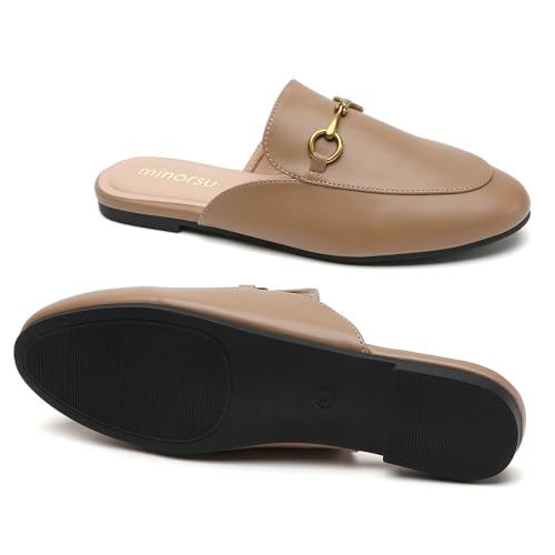 Minorsu Buckle Mules for Women Round Toe Backless Flat Mules Slides Mules Shoes Ladies Slip-on Loafers