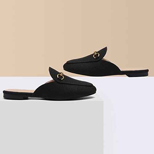 Minorsu Buckle Mules for Women Round Toe Backless Flat Mules Slides Mules Shoes Ladies Slip-on Loafers