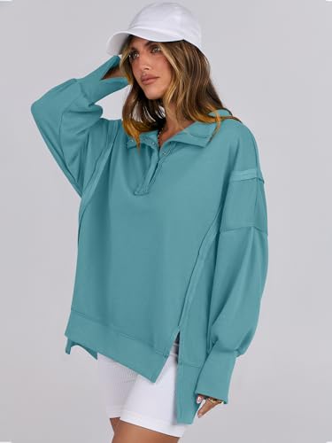 ANRABESS Women's Sweatshirts Oversized Casual Loose Button Up Henley Pullover Top High Low Split 2024 Fall Fashion Outfits