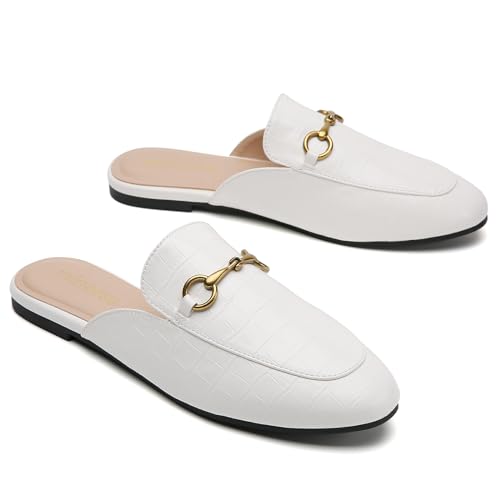 Minorsu Buckle Mules for Women Round Toe Backless Flat Mules Slides Mules Shoes Ladies Slip-on Loafers