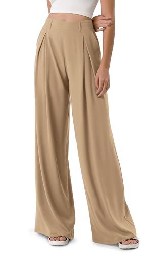 ODODOS Chiffon Flowy Pleated Wide Leg Pants for Women Built-in Shorts Lightweight High Waist Trouser with Pockets