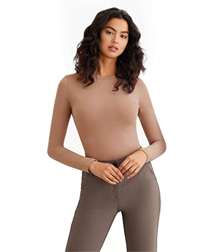 SHAPERX Women's Soft Crew Neck Bodysuit Fits Everybody Long Sleeve Body Suits Tops