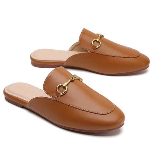 Minorsu Buckle Mules for Women Round Toe Backless Flat Mules Slides Mules Shoes Ladies Slip-on Loafers