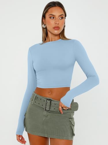 Trendy Queen Womens Long Sleeve Crop Tops Basic Slim Fitted Shirts Casual Fashion 2024 Y2k Tops Teen Girl Clothes