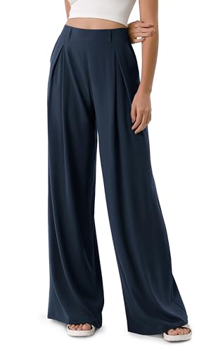 ODODOS Chiffon Flowy Pleated Wide Leg Pants for Women Built-in Shorts Lightweight High Waist Trouser with Pockets