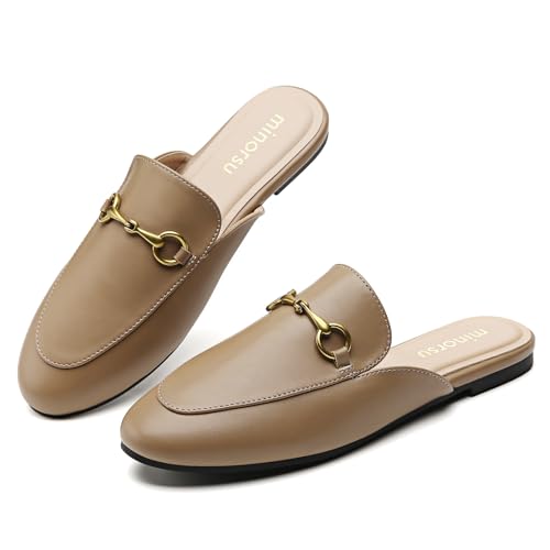 Minorsu Buckle Mules for Women Round Toe Backless Flat Mules Slides Mules Shoes Ladies Slip-on Loafers