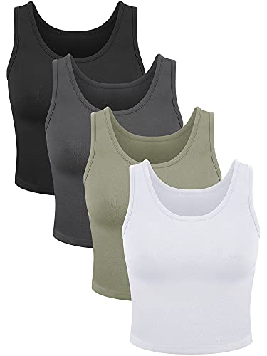 SATINIOR 4 Pieces Women Basic Crop Tank Top Short Sleeveless Sports Crop Top (Dim Gray, Black, Dark Olive Green, White,Small)