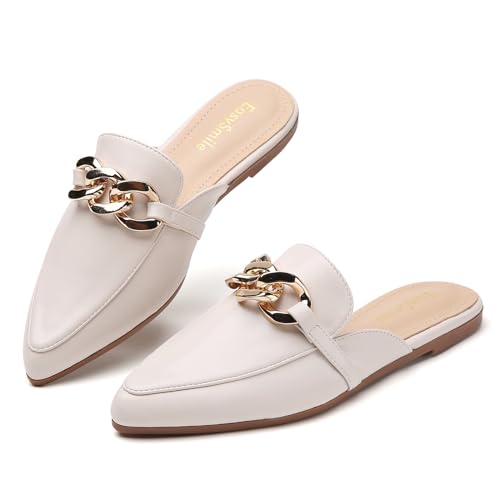 Metal Chain Decor Flat Mules for Women Closed Pointed Toe Slip on Loafers Slides Backless Mules Shoes