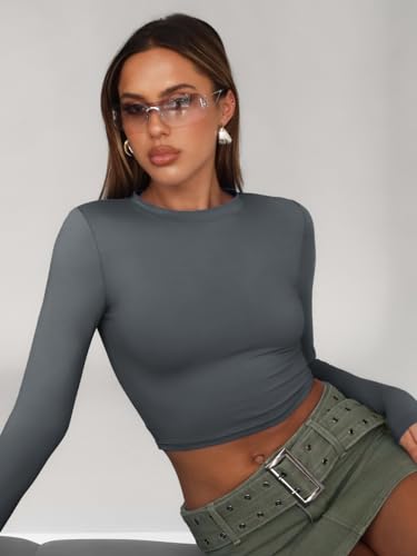 Trendy Queen Womens Long Sleeve Crop Tops Basic Slim Fitted Shirts Casual Fashion 2024 Y2k Tops Teen Girl Clothes