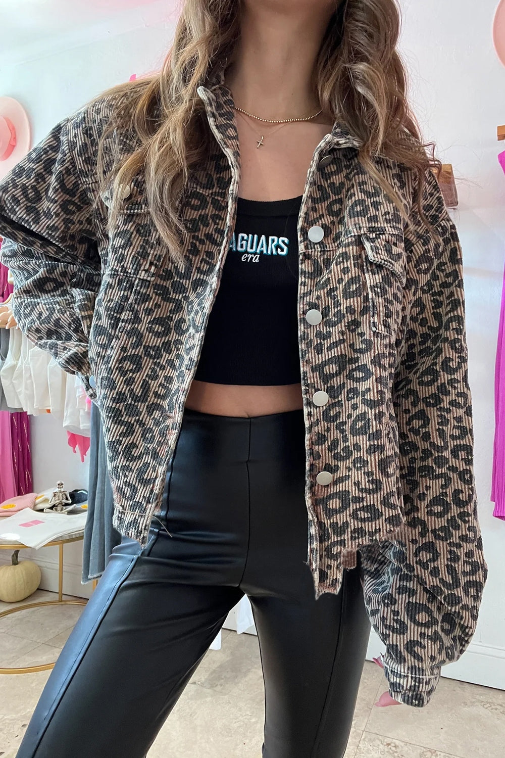 Asymmetrical Hem Collared Neck Leopard Jacket