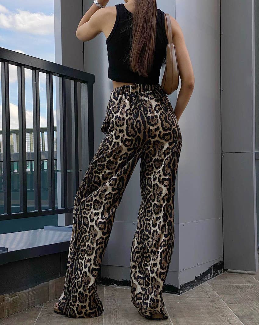 HIDDENBRAND - Leopard-Print Street Elastic Wide-Leg Trousers: Leopard / S