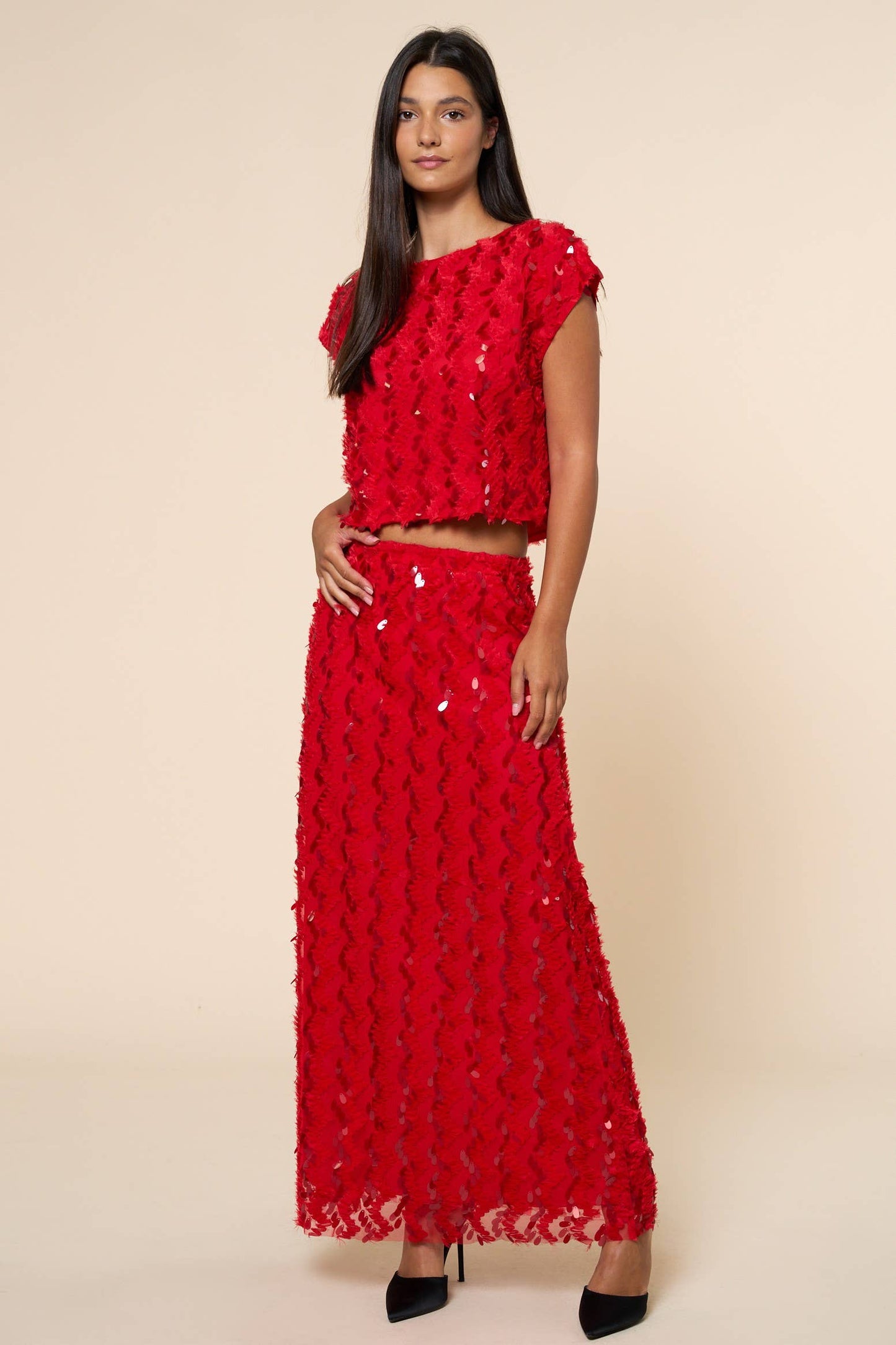 Lalavon - ILT5786 Short Sleeve Sequin Top