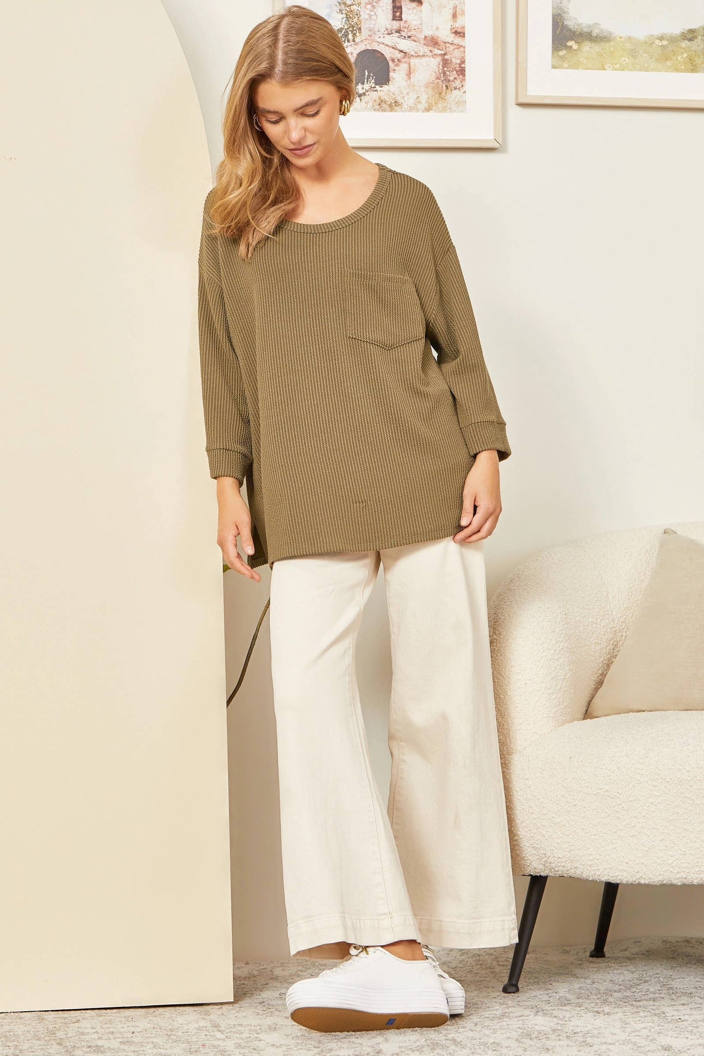 Andrée by Unit - Ribbed 3/4 Sleeve Knit Top MHS58