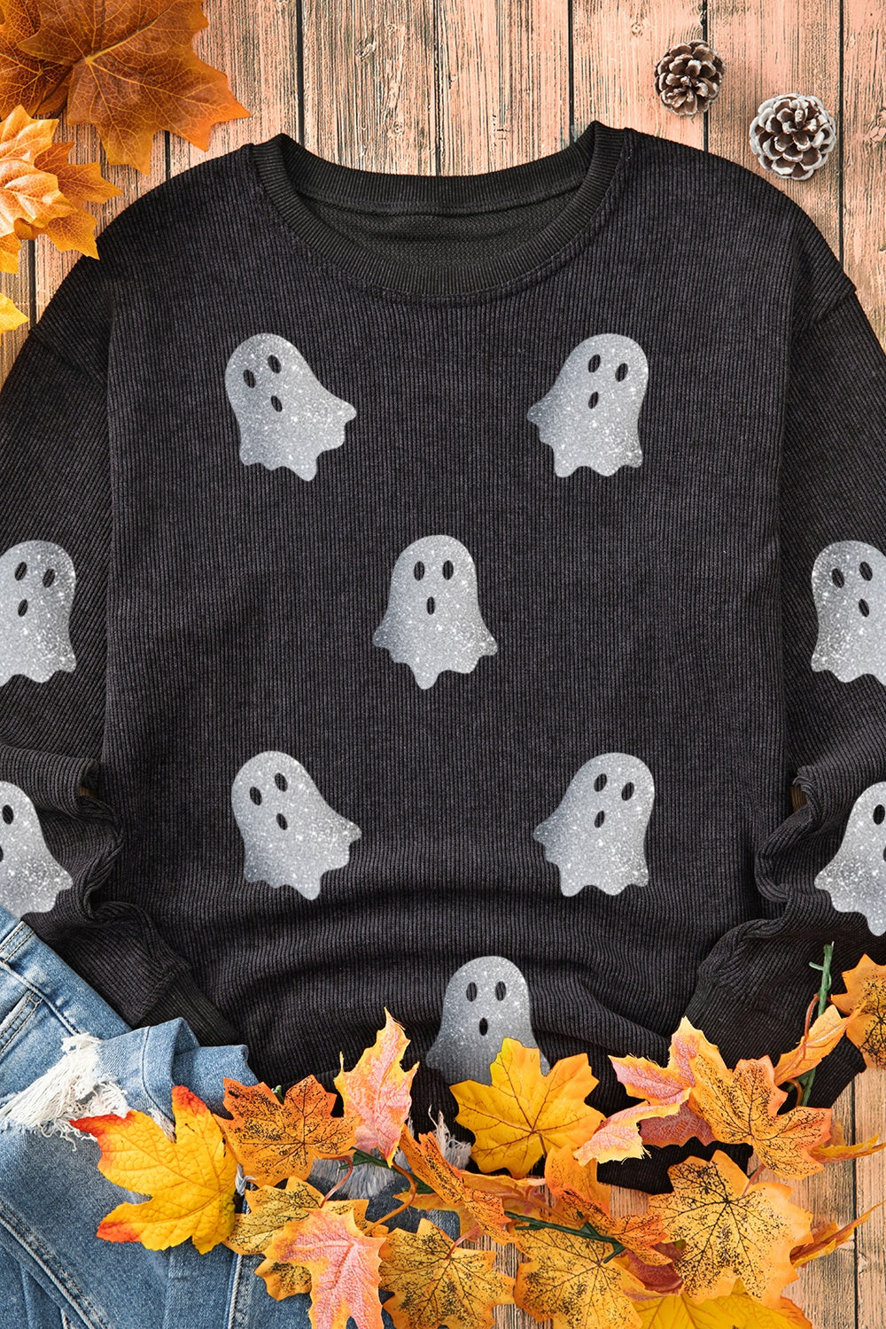 Glitter Ghost Round Neck Long Sleeve Sweatshirt