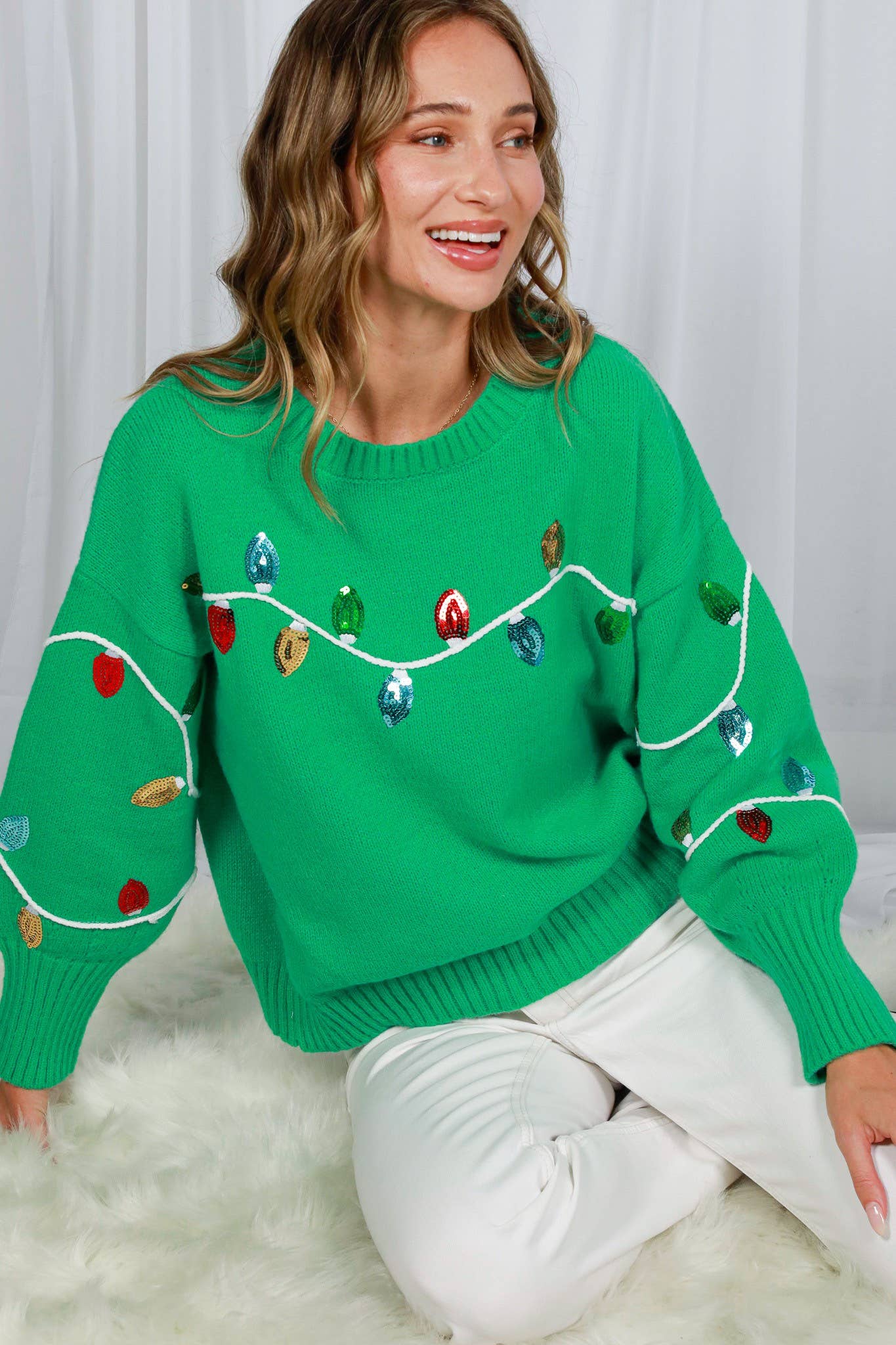 Vine & Love - Christmas Light Sequin Crew Neck Knitted Sweater VT82258