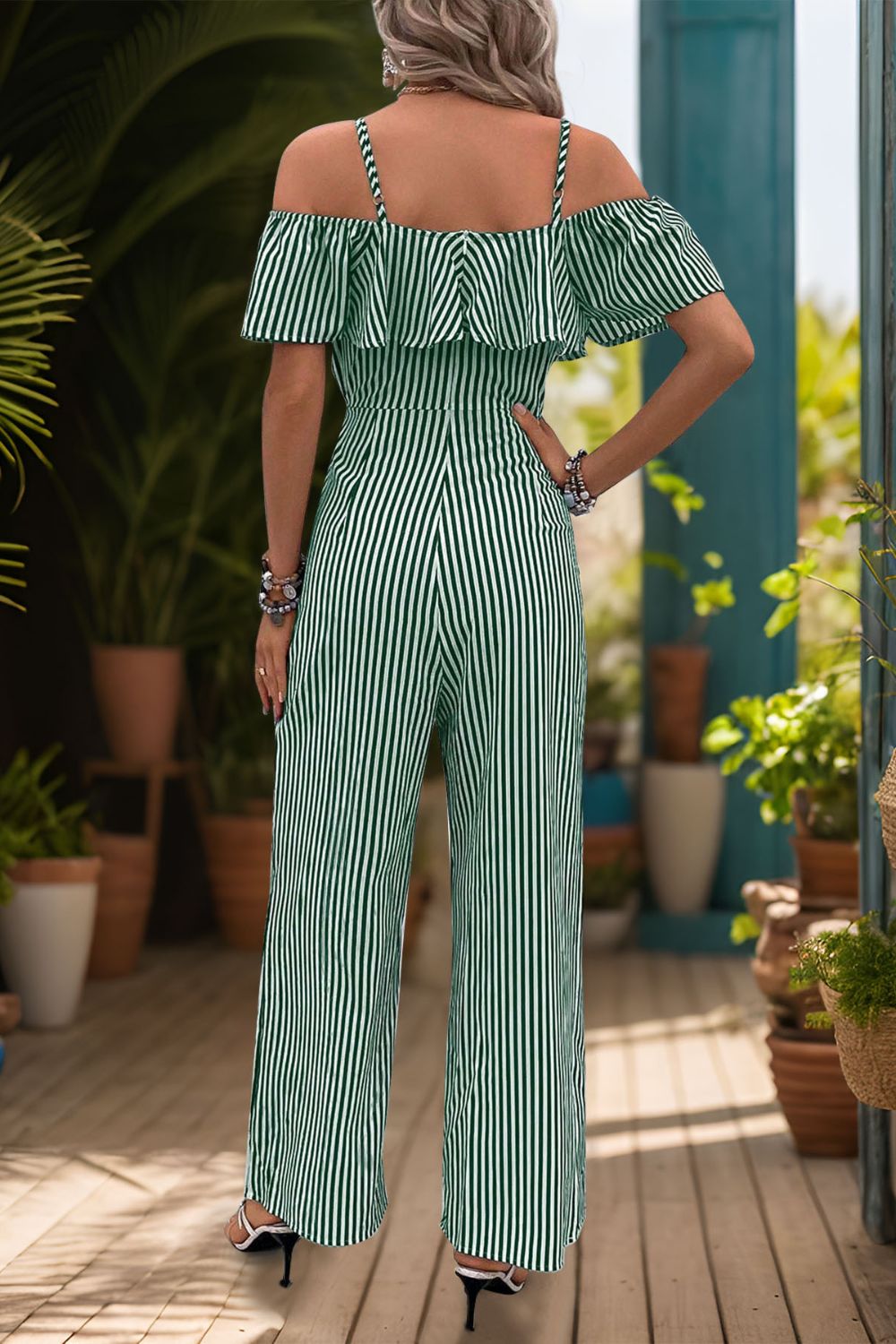 Perfee Ruffled Striped Short Sleeve Jumpsuit