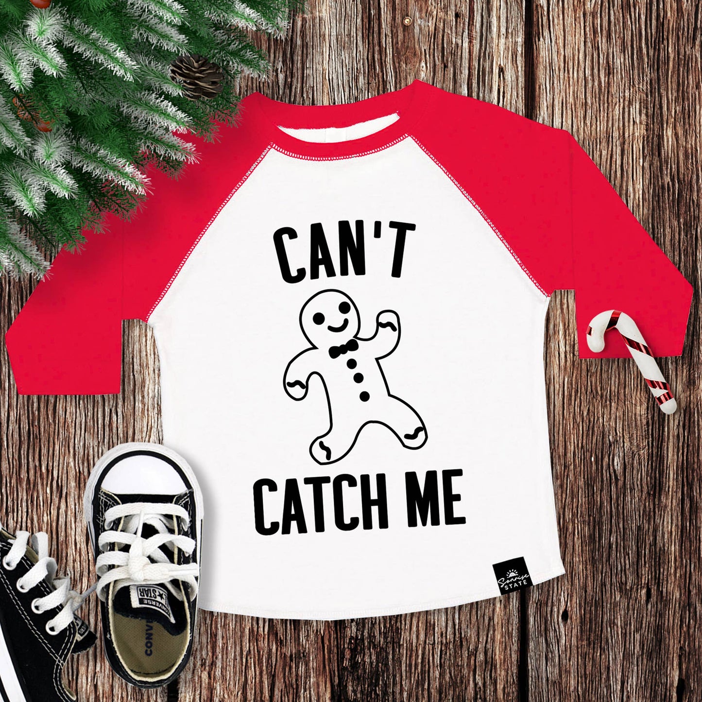 Sonrise State - Can't Catch Me Gingerbread Man Boy's Christmas Baseball Tee