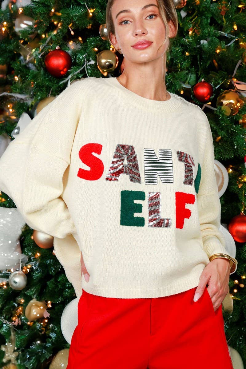 Vine & Love - SANTA ELF Sequin Embroidered Knitted Sweater Top VT82034-