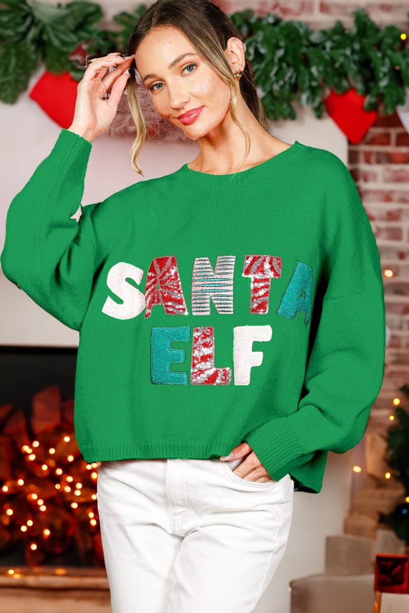 Vine & Love - SANTA ELF Sequin Embroidered Knitted Sweater Top VT82034-