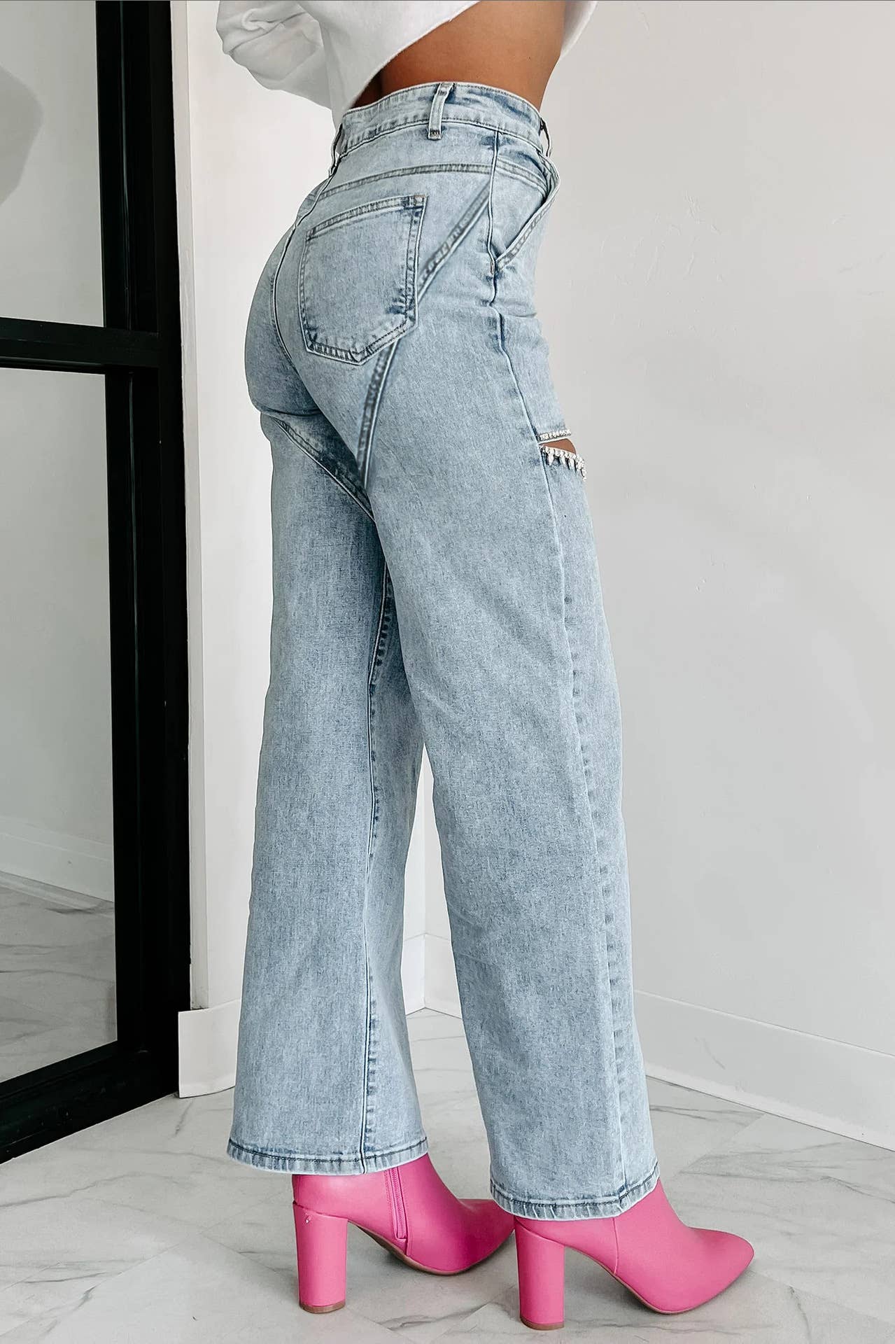 Rosa Clothing - Rhinestone cutout wide leg jeans: Light blue / S