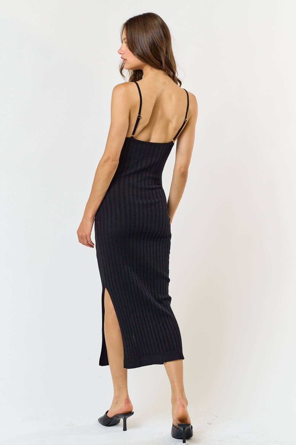 Lalavon - ILD4450 Sequin & Bead Ribbed Sweater Bodycon Mid Dress