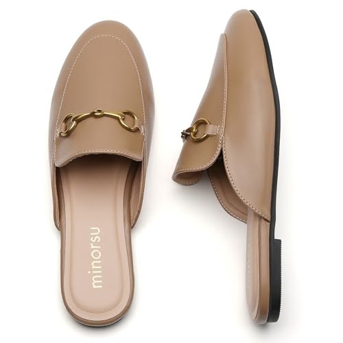 Minorsu Buckle Mules for Women Round Toe Backless Flat Mules Slides Mules Shoes Ladies Slip-on Loafers