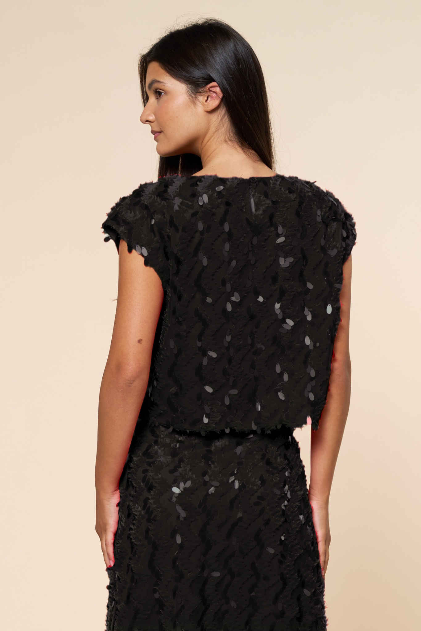 Lalavon - ILT5786 Short Sleeve Sequin Top