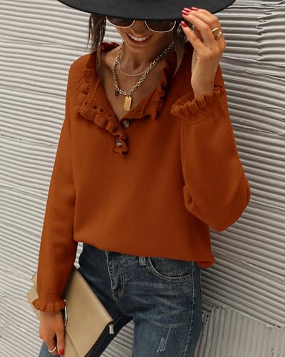 BTFBM 2024 Womens Sweaters Fall Winter Outfits Long Sleeve Button Down Ruffle Crew Neck Casual Knitted Pullover Tops