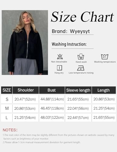 Wyeysyt Women's Wool Coat Lapel Zip Up Copped Bomber Jacket Outerwear with Pockets 2024