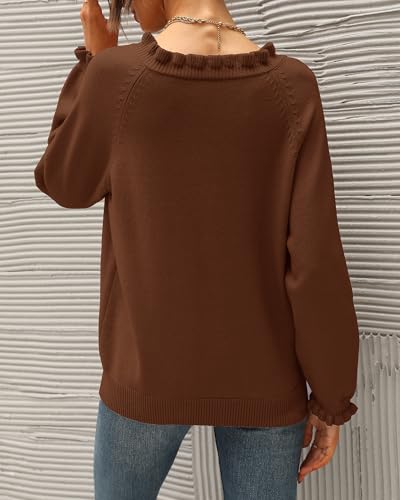 BTFBM 2024 Womens Sweaters Fall Winter Outfits Long Sleeve Button Down Ruffle Crew Neck Casual Knitted Pullover Tops