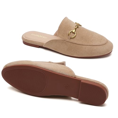 Minorsu Buckle Mules for Women Round Toe Backless Flat Mules Slides Mules Shoes Ladies Slip-on Loafers