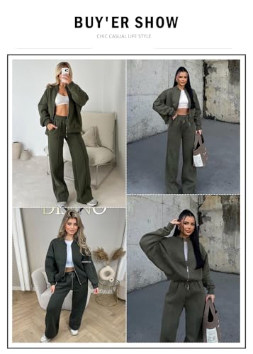 Aleumdr Women's 2 Piece Outfits Oversized Fleece Sweatsuit Zip Up Long Sleeve Sweatshirt with Wide Leg Sweatpants