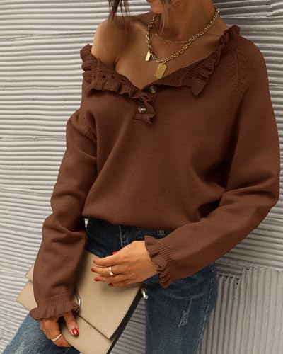 BTFBM 2024 Womens Sweaters Fall Winter Outfits Long Sleeve Button Down Ruffle Crew Neck Casual Knitted Pullover Tops