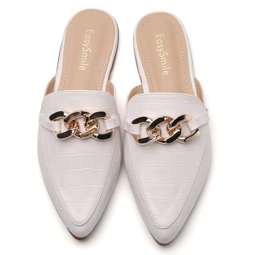 Metal Chain Decor Flat Mules for Women Closed Pointed Toe Slip on Loafers Slides Backless Mules Shoes