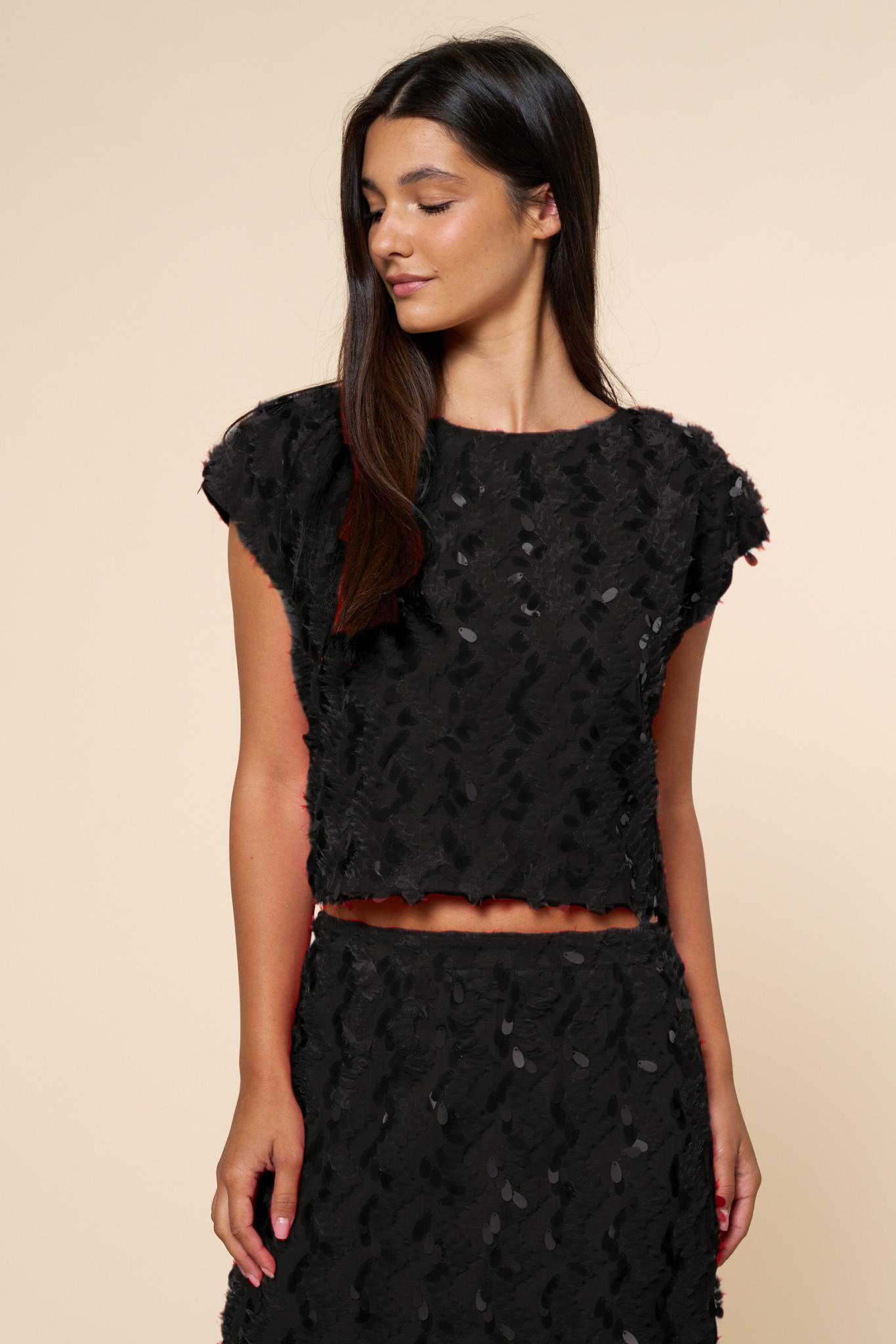 Lalavon - ILT5786 Short Sleeve Sequin Top