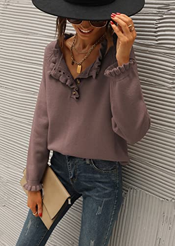 BTFBM 2024 Womens Sweaters Fall Winter Outfits Long Sleeve Button Down Ruffle Crew Neck Casual Knitted Pullover Tops