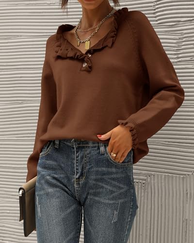 BTFBM 2024 Womens Sweaters Fall Winter Outfits Long Sleeve Button Down Ruffle Crew Neck Casual Knitted Pullover Tops