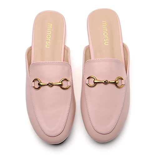 Minorsu Buckle Mules for Women Round Toe Backless Flat Mules Slides Mules Shoes Ladies Slip-on Loafers