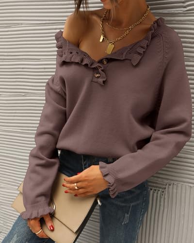 BTFBM 2024 Womens Sweaters Fall Winter Outfits Long Sleeve Button Down Ruffle Crew Neck Casual Knitted Pullover Tops