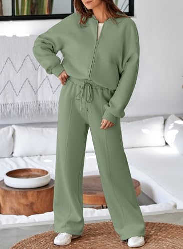 Aleumdr Women's 2 Piece Outfits Oversized Fleece Sweatsuit Zip Up Long Sleeve Sweatshirt with Wide Leg Sweatpants