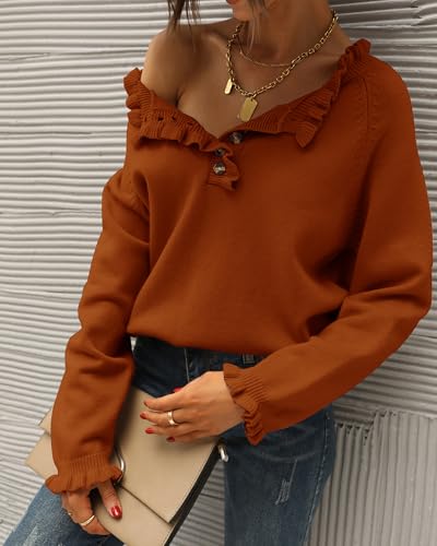 BTFBM 2024 Womens Sweaters Fall Winter Outfits Long Sleeve Button Down Ruffle Crew Neck Casual Knitted Pullover Tops