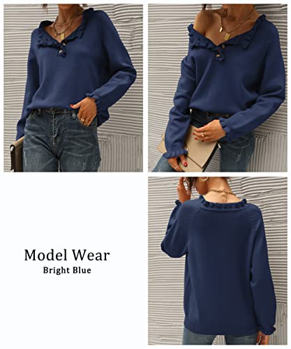 BTFBM 2024 Womens Sweaters Fall Winter Outfits Long Sleeve Button Down Ruffle Crew Neck Casual Knitted Pullover Tops