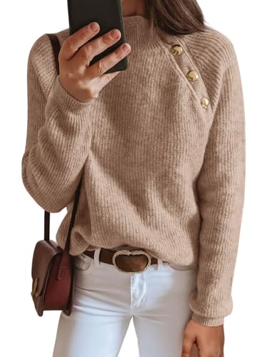 Women's Long Sleeve Ribbed Knit Sweater 2024 Fall Winter Casual Turtleneck Pullover Tops with Metal Buttons